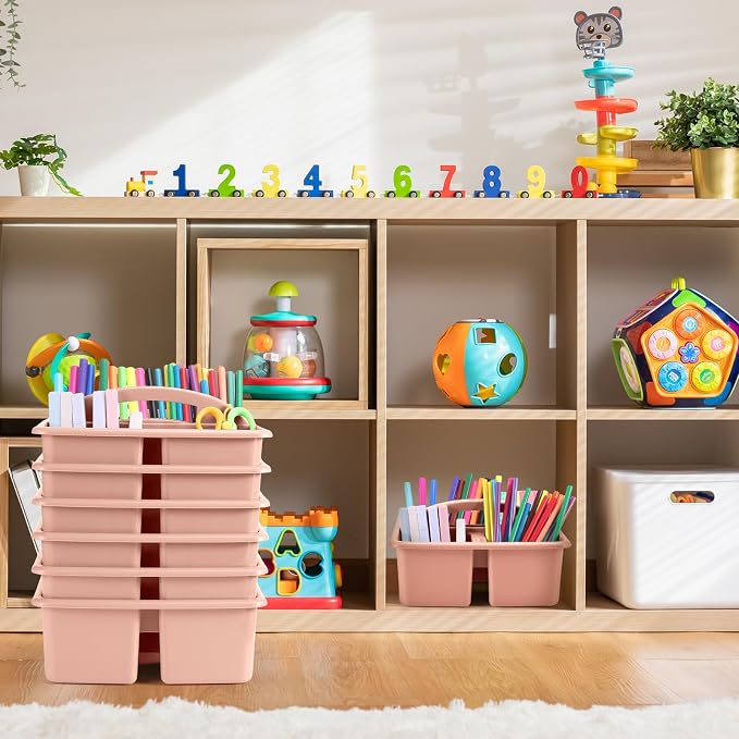 Lineshading 12 Pcs Classroom Caddy with 3 Compartment - Multipurpose Portable Plastic Storage Table Caddies with Handles for School Home Office Organizer(Flesh Pink) - Image 5