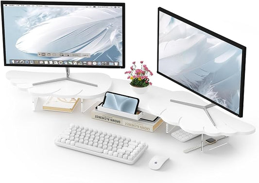 AFOOYO Dual Monitor Stand Riser, Wing-Shaped Sturdy Desktop Wood Stand for 2 Monitors, White Riser for Laptop, PC, Computer by AFOOYO