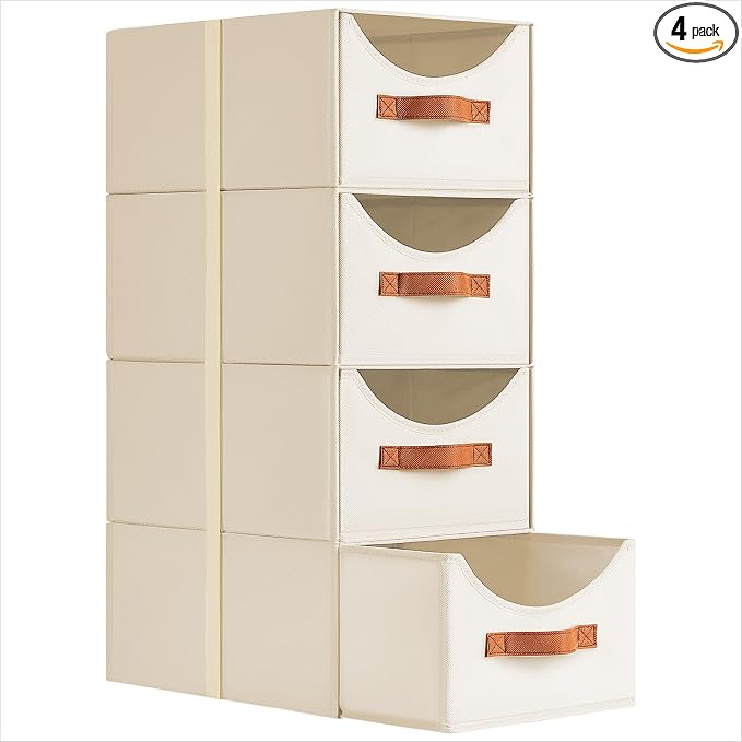 Stackable Storage Drawers - Collapsible Storage Bins with Drawers, 4 Pack Closet Shelf Organizer Basket, Fabric Pull Out Organizer for Bedroom, Living Room, Dorm, Beige by Homsorout