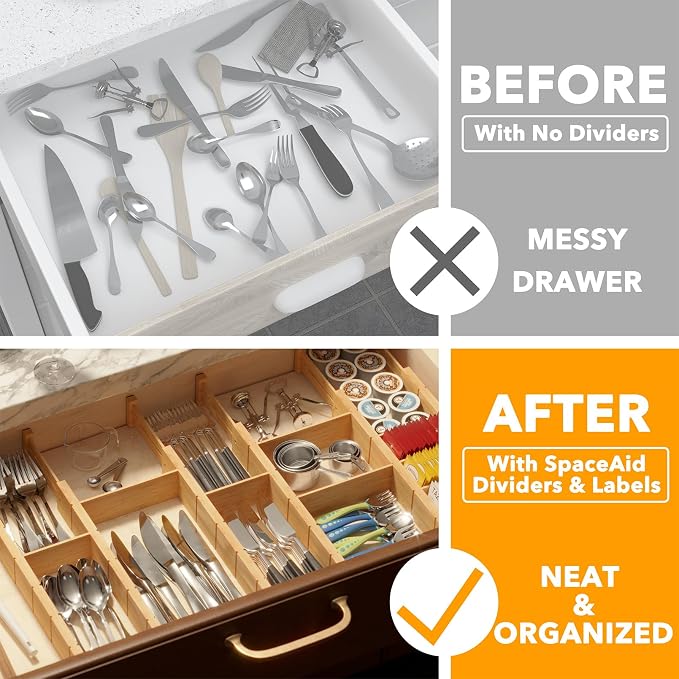 SpaceAid Bamboo Drawer Dividers with Inserts and Labels, Kitchen Adjustable Drawer Organizers, Expandable Organization for Home, Office, Dressers, 7 Dividers with 15 Inserts (17"-22" Natural) - Image 2