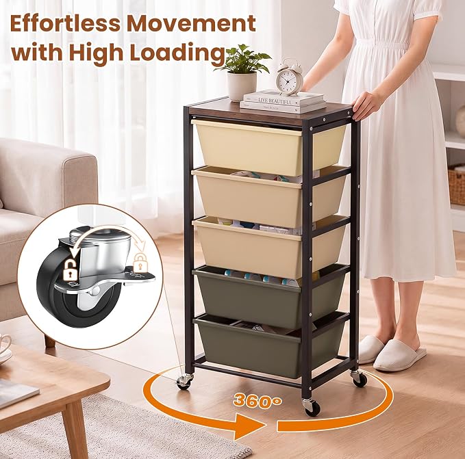Rolling Cart with 5 Drawers, Plastic Drawer Storage Carts with Wheels & Wooden Tabletop, Metal Utility Cart for Office Bedroom Living Room Classroom, Craft Organization and Storage, Brown - Image 4