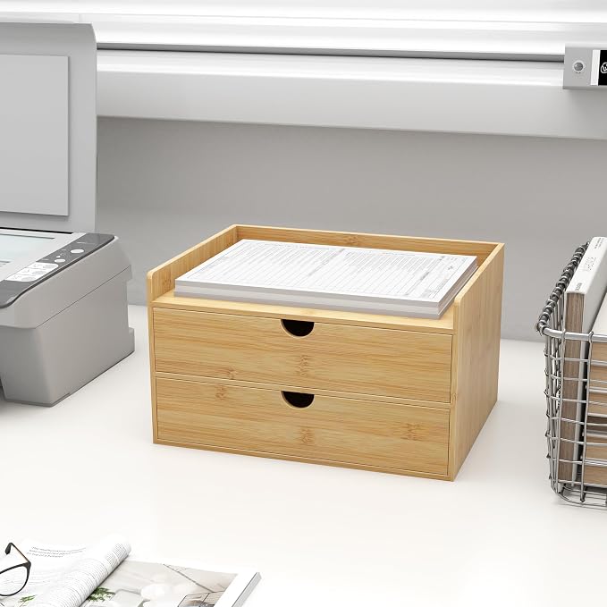 Bamboo Desk Drawer Organizer, Large Desktop Organizer with Drawers Tabletop Storage Organization Box for Office Home Toiletries Supplies Vanity, No Assembly Required (2 Drawer with Shelf) - Image 2