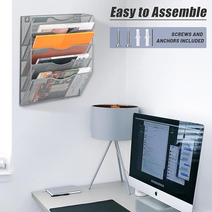 5 Pocket Mesh Hanging Wall File Organizer, Wall Mounted Mail Paper Document Folder Holder, Clipboard Storage Organization Magazine Rack with Nametag Label for Office Home School, Gray - Image 6