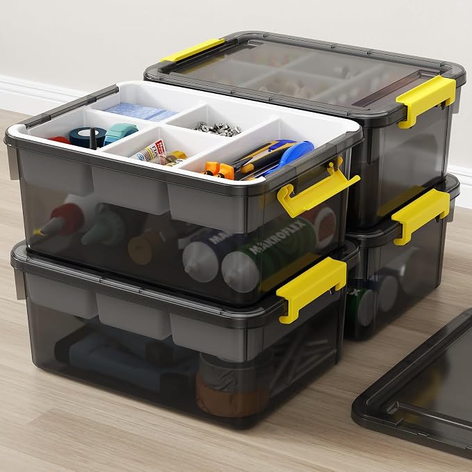80Qt Stackable Storage Bins with Lids Trays Craft Box Organizers, 4Pack,GY | Clear Plastic Latching Boxes Organizers with Dividers Portable Containers for Arts & Crafts, Home Office Classroom Car Trunk by HOMETUK