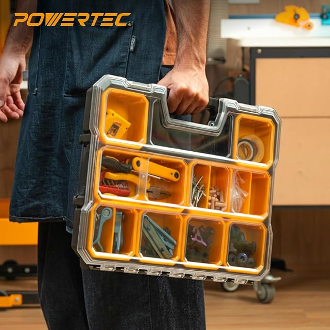 POWERTEC Small Parts Organizer & Tool Box – 20 Compartments, IP65 Water & Dust Protection, Stackable Storage with Interlocking Latch, Removable Bin, Divider, Clear Lid, Portable Design, 2PK (72366-P2) - Image 8