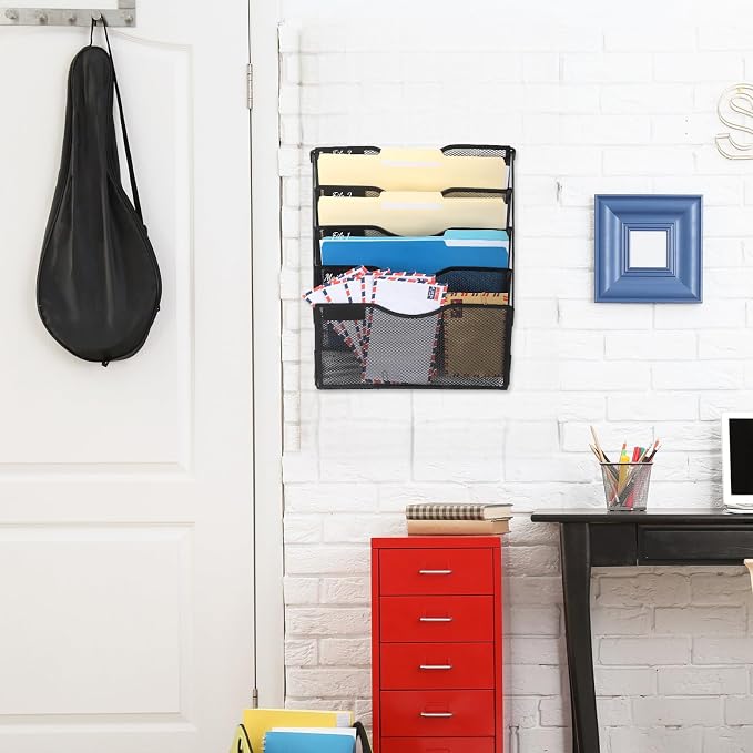 5 Pocket Mesh Hanging Wall File Organizer with Hangers & Nametag Label, Wall Mounted Mail Paper Document Folder Holder, Clipboard Storage Organization Magazine Rack for Office Cubicle, Black - Image 7