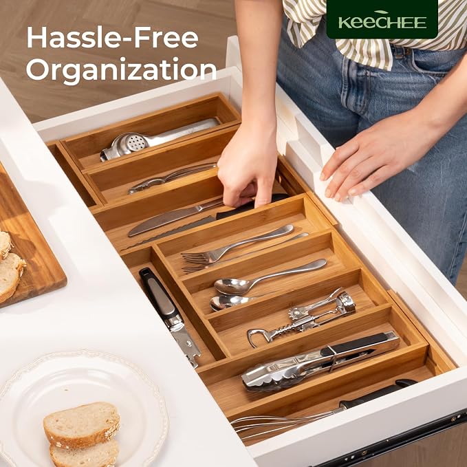 keechee 6-Piece Bamboo Drawer Organizer Set, 2.2" Deep Multi-Use Organizers for Utensils, Silverware, Cutlery, Desk, Bathroom, Junk Drawer & Makeup, Non-Slip Feet Included. - Image 9