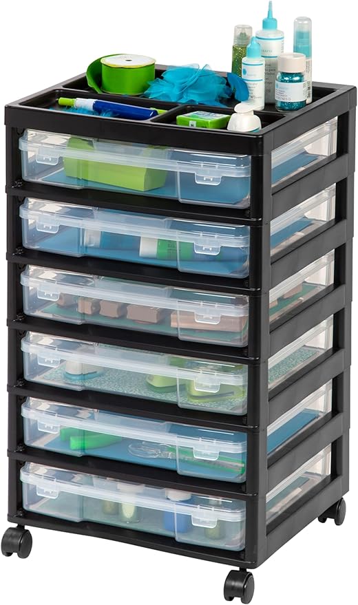 IRIS USA Rolling Cart with Drawers |Made in USA| 6-Tier Cases - Black/Clear | Fits 12"x12" Paper, Built-In Handles, Storage Unit with Supply Top for Craft, Art, Office Supplies, Pens & Pencils by IRISUSA