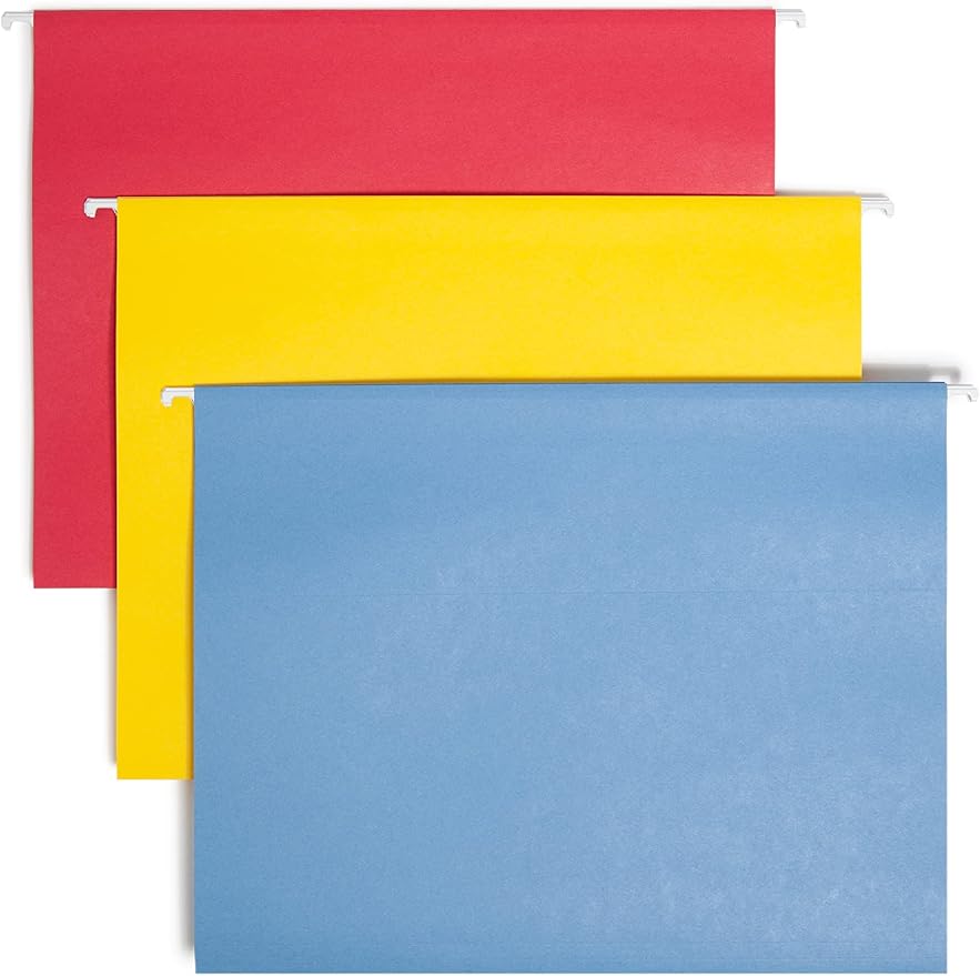 Smead Heavy Duty TUFF Hanging File Folder with Easy Slide Tab, 7 Times Stronger Than Standard Hanging Folders, 1/3-Cut Sliding Tab, Letter Size, Assorted Primary Colors, 150 per Box (64040) by SMEAD