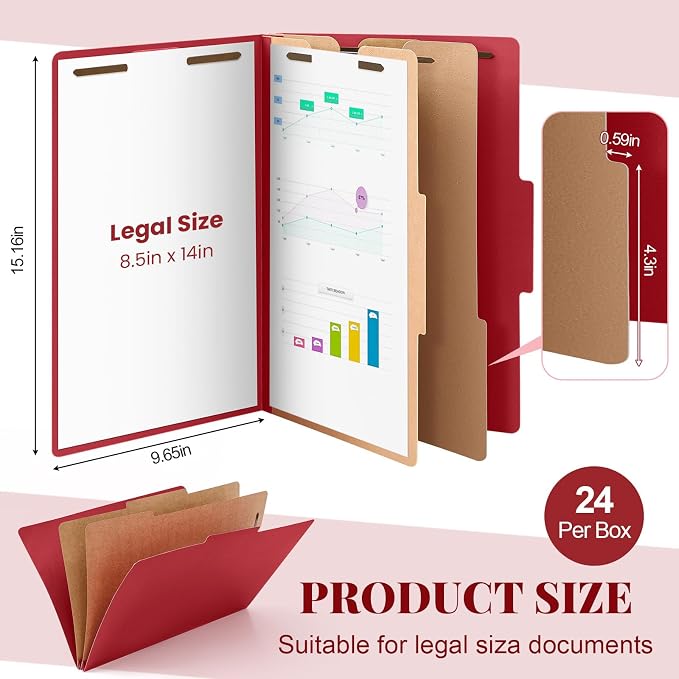 AmazingSpark 24 Pcs Legal Size Classification Folders Bulk 2 Dividers Pressboard File Folder with Expansion 2 Prongs Fastener Heavy Duty Office File Organizer for School Hospitals Home (Dark Red) - Image 2