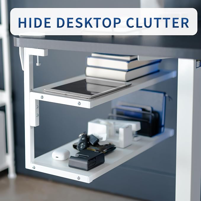 VIVO White Clamp-on 24 inch 2-Tier Desk Shelf, STAND-SHELF24C-W | Above or Below Desk, 2 Level Shelving Unit for Table Accessories, Gaming Devices, and More, Storage Tray, Desktop Organizer - Image 6