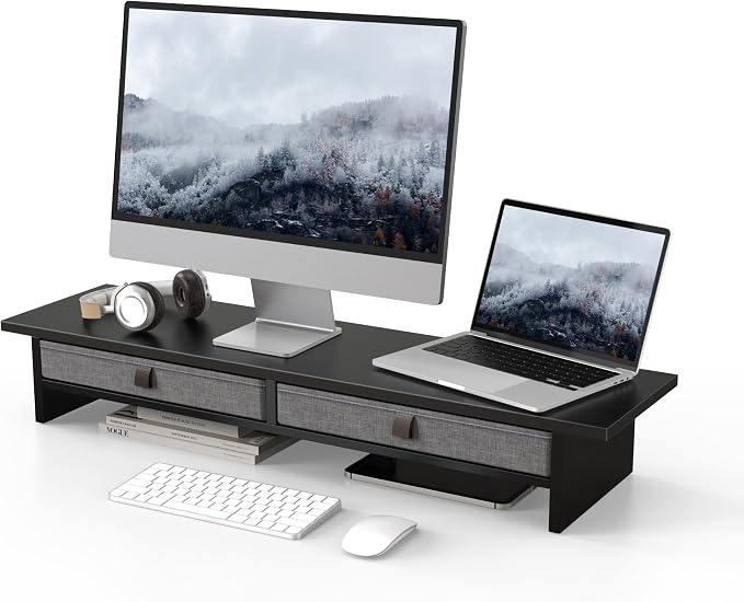 Fenge 35 Inch Monitor Stand with Drawer Storage, Computer Riser for Desk | Wooden Computer Shelf, 2 Tiers, for Dual Monitor/Laptop/PC/TV/Printer up to 55Lbs, Home Office Desk Organizer by Fenge