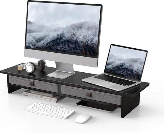 Fenge 35 Inch Monitor Stand with Drawer Storage, Computer Riser for Desk | Wooden Computer Shelf, 2 Tiers, for Dual Monitor/Laptop/PC/TV/Printer up to 55Lbs, Home Office Desk Organizer by Fenge