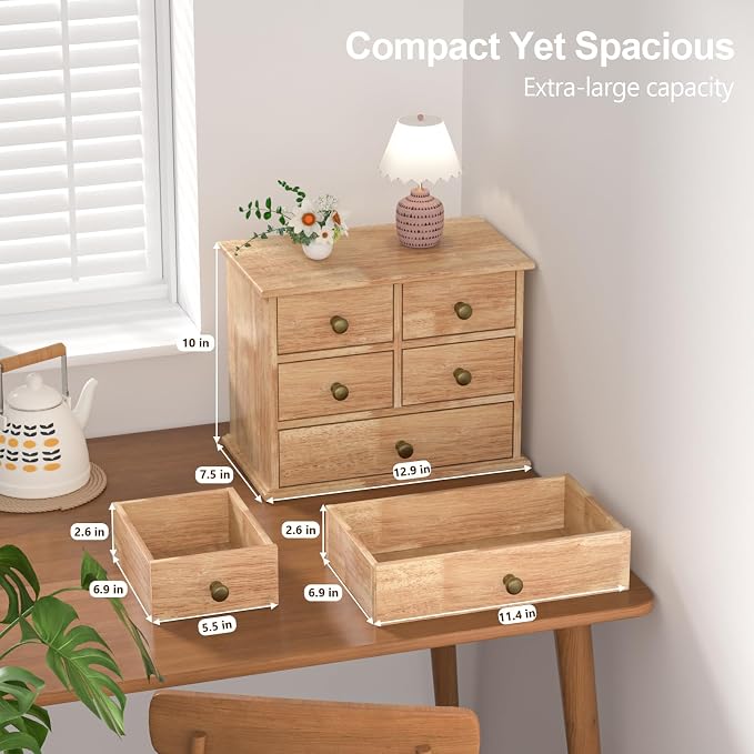 Oak Desk Organizer with Drawers, Durable Wooden Desktop Storage Box | 5 Drawer Tabletop Organizer with Metal Handle & Non-Slip Pad for Office, Bedroom, Bathroom, Vanity, Makeup, Light Burnt Brown - Image 2