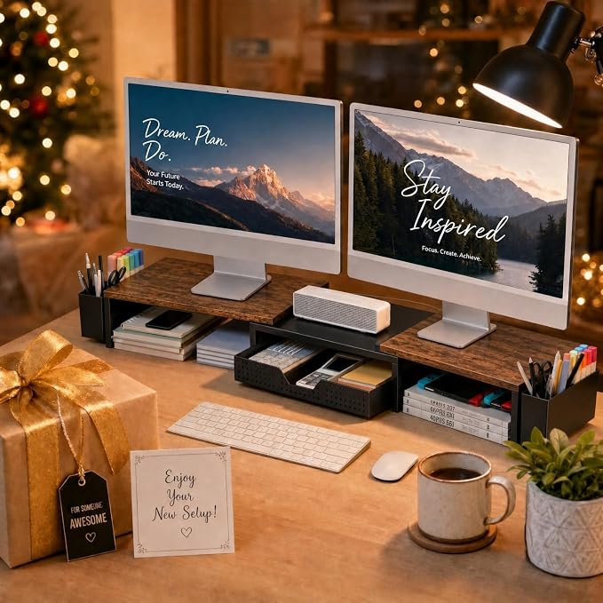 Desk Organizers and Accessories, Dual Monitor Stand Riser with Drawer and 2 Pen Holders, Desk Shelf Computer Racks for Office Workspace Organizers, Desktop Organization (Rustic Brown) - Image 9