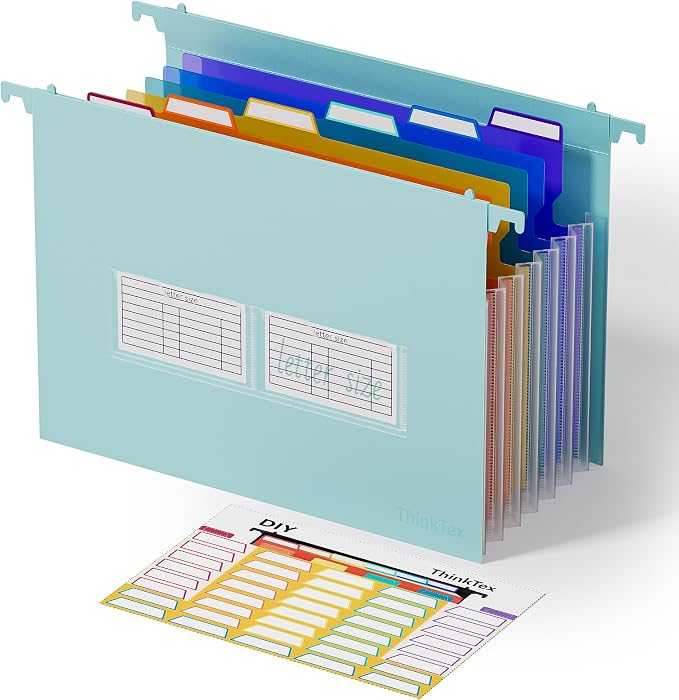 ThinkTex Plastic Expanding Hanging File Folders, 7 * 1.2" Accordion Pockets | Large Capacity, Multi-Color Tabs, Letter Size for Filing Cabinet - Green by ThinkTex