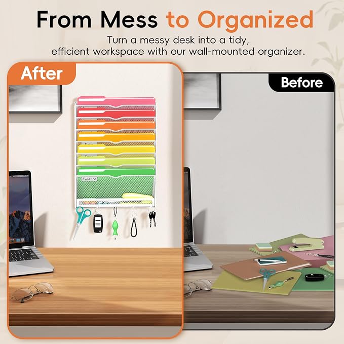 8-Tier Wall File Organizer with Hook, Hanging File Organizer White | Wall-mounted mail storage holds papers, folders, files, clipboards and magazines, assembly required for office or home use. - Image 5