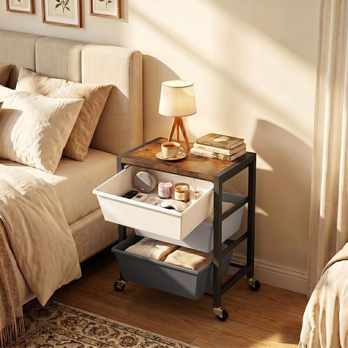 Rolling Cart with 3 Drawers, Plastic Drawer Storage Carts with Lockable Wheels & Wooden Tabletop, Metal Art Craft Utility Cart Organizer for Home Office Bedroom Dorm Bedside Classroom, Dark Gray - Image 5