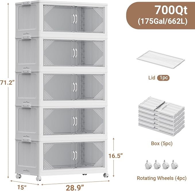 BROVIEW V60 700QT Plastic Stackable Storage Bins with Lid, 5Pack White | 175Gal Extra Large Closet Organizers Collapsible Cabinets Boxes With Drawer, Foldable Container with 4x Wheels for Home - Image 2