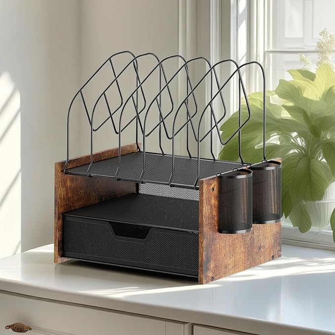 Desk Organizer with Drawer, Desktop File Organizer and Paper Tray Organizer with Vertical File Holder, Office Desk Accessories for Mail, Documents, Papers, Notebooks and Home Office Storage - Image 7