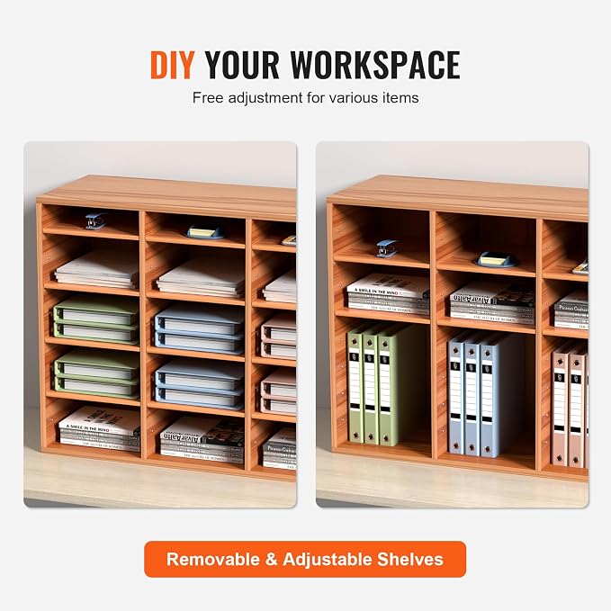 VEVOR 27 Compartments Wood Literature Organizer, Adjustable Shelves, Medium Density Fiberboard Mail Center, Office Home School Storage for Files, Documents, Papers, Magazines, Burlywood - Image 5