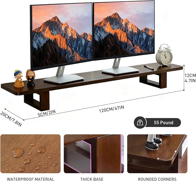 Dual Monitor Stand Riser, 47Inch Solid Wood Desktop Organizer with Non-Slip Pads, Holder for 2 Monitors, Laptops, TV, PC, Printer, Walnut Finish - Image 2