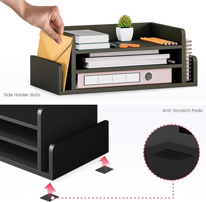 Ballucci 3-Tier Desk Organizer with 2 Side Mail Sorter Slots, Wood Letter Tray, Open Top Paper Organizer, Desktop File Organizer, Black - Image 6