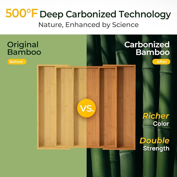 Carbonized Bamboo Kitchen Drawer Organizer, 5 Slots Expandable Silverware Organizer, Utensil Holder & Cutlery Tray, 2.2" Deep for Extra Capacity, Non-Slip Feet Included. - Image 3