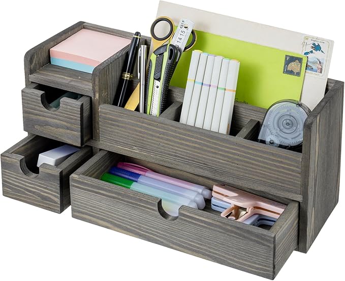 MyGift Vintage Weathered Gray Wooden Desktop Organizer with 3 Drawers, Mail Holder, and Stationery Caddy – Office Desk Storage for Supplies, Paper, Pens, and Letters by MyGiftHome