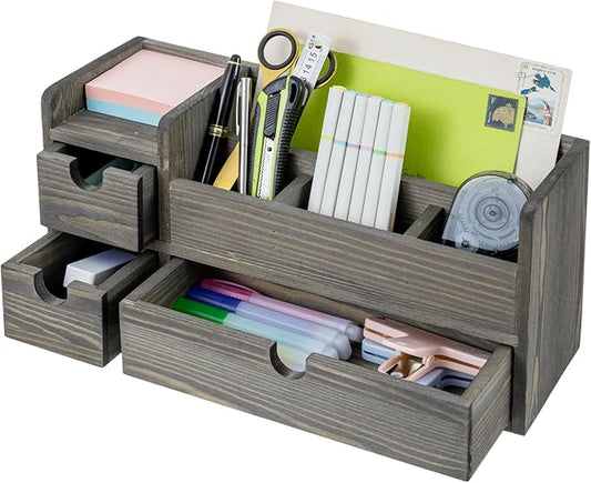MyGift Vintage Weathered Gray Wooden Desktop Organizer with 3 Drawers, Mail Holder, and Stationery Caddy – Office Desk Storage for Supplies, Paper, Pens, and Letters by MyGiftHome