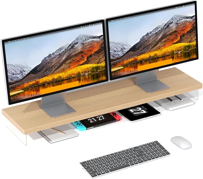 Dual Monitor Stand Riser, 40" Large Computer Monitor Stands for 2 Monitors, Wooden Desktop Organizer Shelf for Office Desk Computer, Laptop, TV, Monitor, Printer | Computer Monitor Stand Riser With Wood & Acrylic Design; Fits 2 Monitors, Laptop, Printe... by SSWOOD
