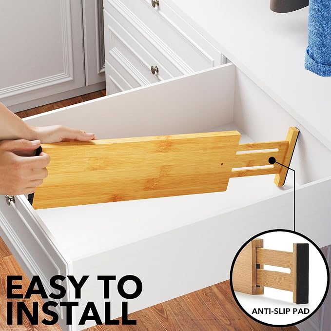 SpaceAid Bamboo Dresser Drawer Dividers 6 Pack, 4.65“ High Adjustable 17“-22” Drawer Organizers, Expandable Organization for Clothing, Clothes, Dressers, Natural - Image 6