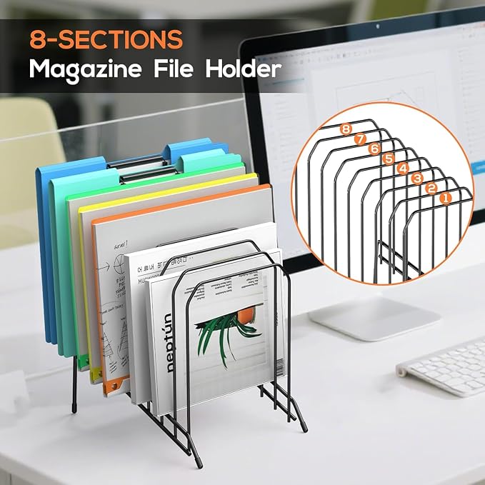Incline Sorter Desk File Organizer, Metal Desk Magazine Folder Holder with 8-Section Vertical Compartments Rack File Organizer for Office, Home, School - Image 5