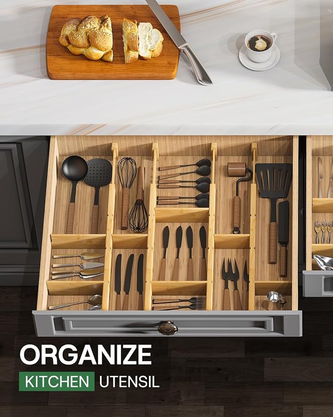 kiplant Kitchen Drawer Dividers - Adjustable Drawer Organizer for Clothes, Kitchen, Closet & Office - 8 Pack with Inserts, 18-22.6 Inches, Non-Slip Silicone Ends - Image 8