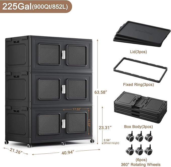 BROVIEW 900 Qt Extra Large Stackable Storage Bin with Lids, 3 Pack Black | 225Gal Extra Large, Collapsible Storage Boxes with 3 Lids, Folding& Rolling Plastic Drawer, Heavy-Duty Cabinet Organization - Image 2