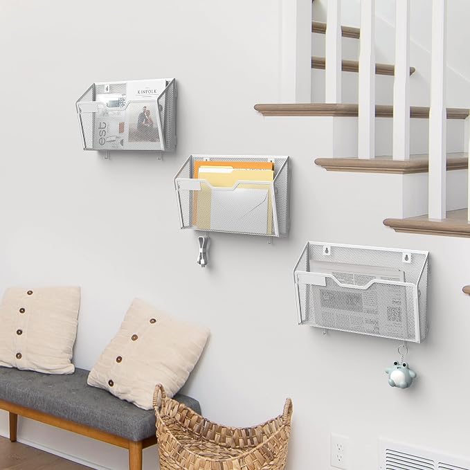 YINGHUA 3 Pack Wall Mounted Mesh File Folder Organizer with Hooks, White | 12.6" durable metal hanging baskets. Perfect vertical storage for mail, magazines and papers in office, home or school. - Image 7
