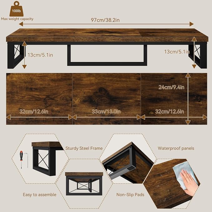 IBUYKE Large Dual Monitor Stand Riser for 2 Monitors, Wooden Desktop Computer Monitor Stand Storage Shelf and Steel Legs,Dual Screen Office Desk,Monitor Riser for Computer, Printer,Laptop,TV,Rustic Brown UTDJ002H - Image 4