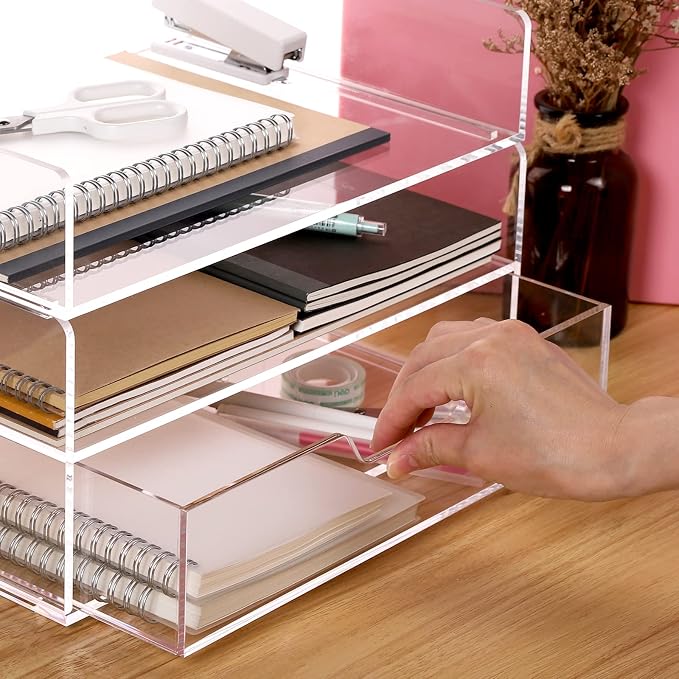 SANRUI Acrylic Desk Organize with Drawer, Stackable File Organizer, 2-Tier | Clear Paper Organizer Letter Tray, Versatile Desk Organizers and Accessoriesfor Office Classroom Home,12.4x8.86x5.1in - Image 4