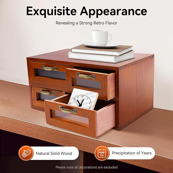4Pcs Vintage Wooden Storage Cabinet,16 Drawer Wooden Multi Drawer Storage Organizer with Clear Windows Storage Box, Apothecary Cabinet for Files, Books, Letters, Papers - Image 4