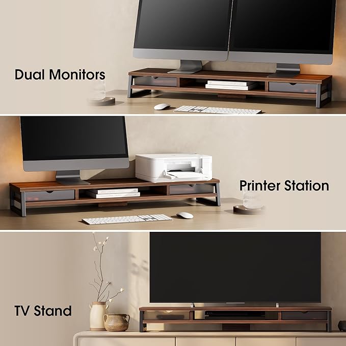 Fenge Dual Monitor Stand Riser, 42.5in Desk Shelf with 2 Drawers, Brown | 2-Tier Monitor Shelf for Desk, Storage Drawer with Stopper, Frosted, fit Home Office, Ultrawide Screen, PC, Laptop, TV - Image 8