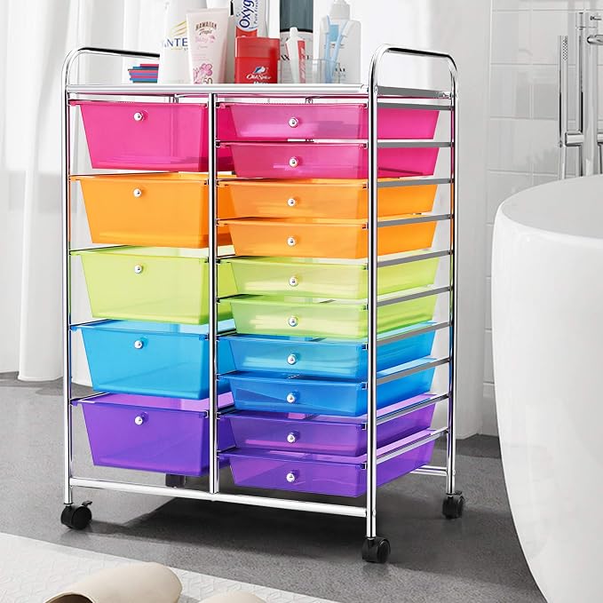GOFLAME 15-Drawer Rolling Storage Cart, Craft Storage Cart with Removable Drawers & Lockable Wheels, Art Cart Supply Storage Organizer for Home Office Classroom, Rainbow - Image 9
