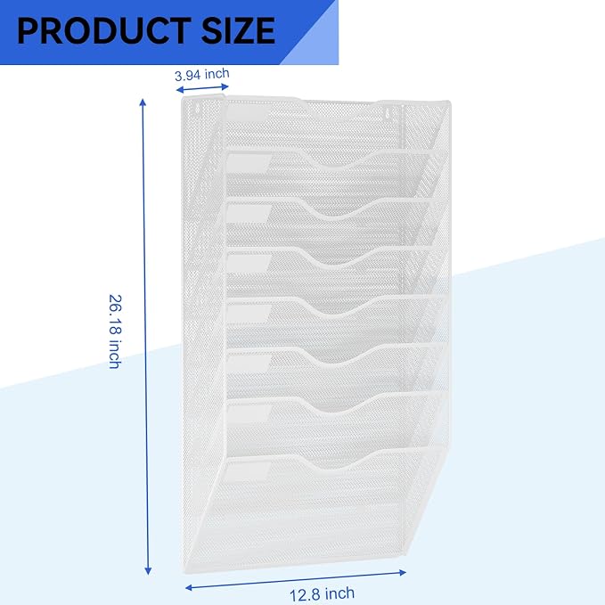8 Pockets Mesh Hanging Wall File Holder Organizer Wall Mounted Paper Magazine Rack, White - Image 3