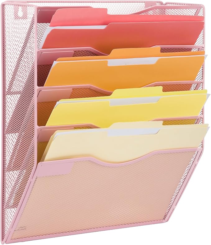 5 Pocket Mesh Hanging Wall File Organizer, Wall Mounted Mail Paper Document Folder Holder, Clipboard Storage Organization Magazine Rack with Nametag Label for Office Home School, Pink by EASEPRES