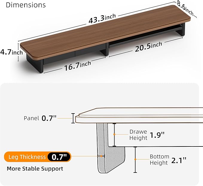 AFOOYO Large Dual Monitor Stand For Desk,43 Inch Desktop Computer Riser with Metal Drawer Desk Shelf Organizer For Computer/Laptop/PC/Printer/TV - Image 7