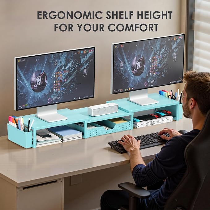 Desk Organizers and Accessories, Dual Monitor Stand Riser with Drawer and 2 Pen Holders, Desk Shelf Computer Monitor Stand for Office Workspace Organizers, Desktop Organization (Blue) - Image 2