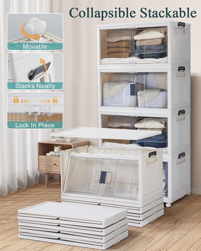 OlarHike 97QT Storage Bins with Lids for Closet, Garage, Shelves, 5 Pack | Multi-Lid, Lockable, Large Capacity, Doors & Wheels, Foldable Containers, Stackable Organizer, Plastic Drawers, School, Dorm - Image 2