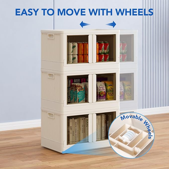FLEXIMOUNTS 152 QT Stackable Plastic Storage Bins With Lids, Milky White | Collapsible Foldable Storage Bins with Front Doors and Built-in Wheels, Organizers and Storage for Home, Dorm, 2 Pack Cubes - Image 6