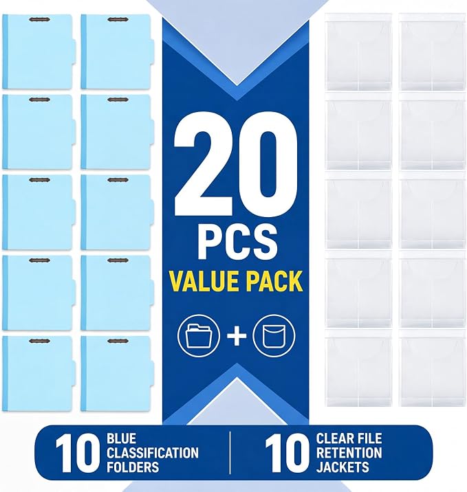 Tinlade 20 Pcs Classification Folder Set Includes 10 Blue Classification Folders with 1 Divider 2" Expansion and 10 Clear Poly File Jackets Letter Size 2 Prong Fasteners for Law Client Medical Files - Image 4