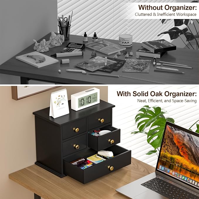 Oak Desk Organizer with Drawers, Durable Wooden Desktop Storage Box | 4 Drawer Tabletop Organizer with Metal Handles & Non-Slip Pads for Office, Bedroom, Bathroom, Vanity & Makeup Storage, Black - Image 5