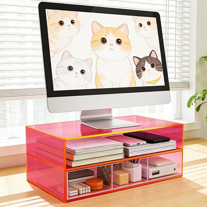 Gelite Acrylic Computer Monitor Stand for Desk Monitor Riser with Drawer Desktop Monitor Shelf with Storage, Neon Pink - Image 4